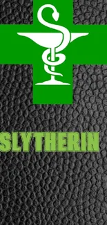 Slytherin themed wallpaper with green logo and black texture.