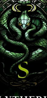 Slytherin themed stained glass art featuring a serpent.