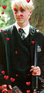 Slytherin student standing in a lush, green forest wearing school robes.