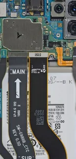 Mobile phone circuit board with detailed electronic components.