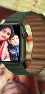 Smartwatch displaying family photo with brown and green accents.