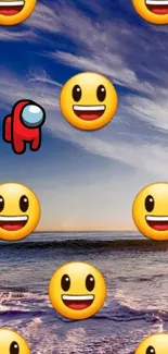 Fun wallpaper with smiling emojis over ocean.