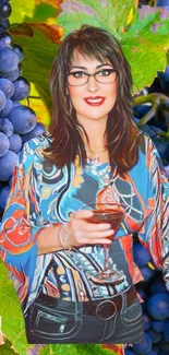 Woman with colorful blouse against grape background.