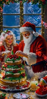 Santa and Mrs. Claus decorating a Christmas cake with festive lights.