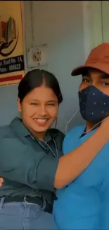 Young couple smiling with headphones, vibrant and joyful.