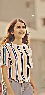 Smiling woman in striped shirt mobile wallpaper.