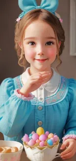 Charming child in blue dress with pastel decorations, mobile wallpaper.