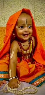 Smiling baby in orange traditional outfit with beads and markings.