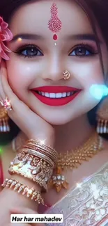 Portrait of a smiling woman in traditional attire with ornate jewelry and vibrant colors.