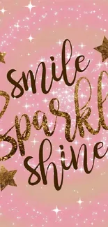 Inspirational wallpaper with pink glitter, gold stars, and the text 'Smile Sparkle Shine.'