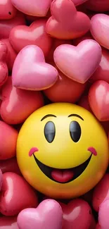 Smiley face surrounded by pink heart balloons.