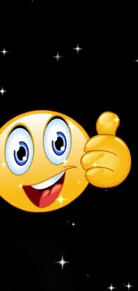 Cheerful emoji with thumbs up on black starry background.