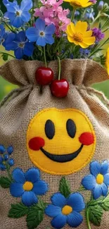 Smiley burlap sack with colorful flowers and cherries.