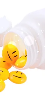 Yellow smiley capsules spilling from a white bottle on a bright background.