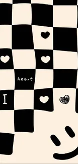 Checkered wallpaper with smiley face and hearts.