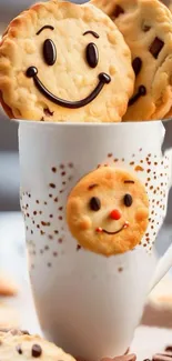 White mug with smiley face cookies, cute and fun design.