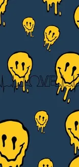 Yellow smiley face drips on navy, featuring heartbeat LOVE text.