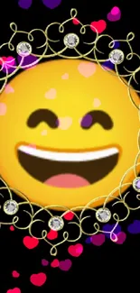 Smiley emoji with gold and diamond design on a black background.