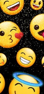 Colorful smiley emoji faces on a black background mobile wallpaper.