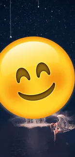 A glowing smiley emoji over a starry night sky, featuring a small boat.