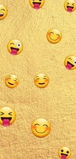 Playful smiley emojis on yellow textured background wallpaper.