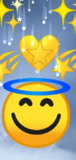 Smiley emoji with stars and heart on a blue background.