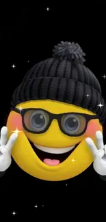 Smiley emoji with hat and glasses on a black background.