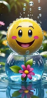 Cheerful smiley face with vibrant flowers in bubbles.