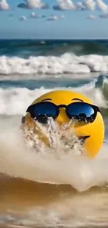 Smiley face with sunglasses splashing in ocean waves.