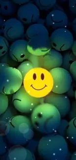 Yellow smiley face in a dark blue background phone wallpaper.