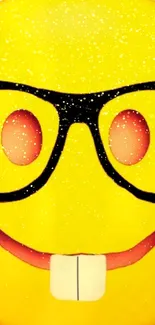 Bright yellow smiley face with glasses and teeth on mobile wallpaper.