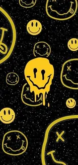 Grunge design wallpaper with yellow smiley faces and dark speckled background.