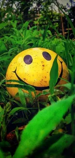 Smiley face nestled in green grass, vibrant wallpaper.