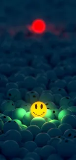 A glowing smiley face among dark blue spheres.