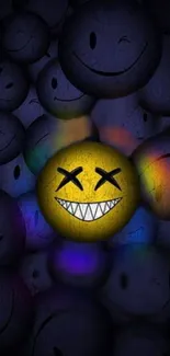 Dark wallpaper with vibrant smiley faces and colorful elements.