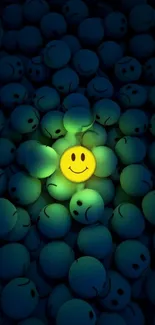 A glowing yellow smiley face in a sea of dark blue circles.