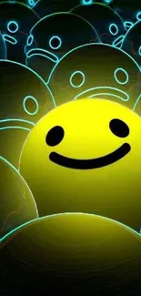 Neon yellow smiley face among blue faces.