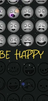 Be Happy wallpaper with grey emoticons on black background.