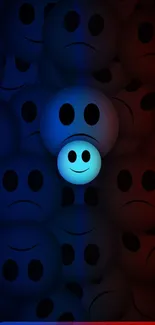 Bright smiley in blue glow among sad faces on wallpaper.