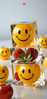 Cheerful smiley fruit blocks design with strawberries.