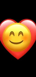 Mobile wallpaper with smiley face heart emoji on black background.