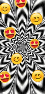 Hypnotic smiley wallpaper with vibrant emojis on a spiral pattern.