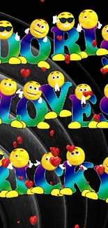 Smiley emojis forming words with colorful gradient letters on black background.