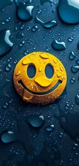 A yellow smiley face with water droplets on a dark blue surface.