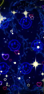 Dark blue wallpaper with smileys and stars.