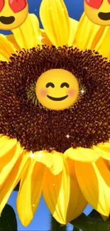 Smiling sunflower with heart emojis against a blue sky.