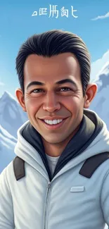 Smiling adventurer with snowy mountains in background