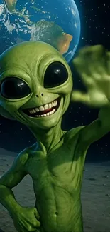 Smiling green alien waving on the moon with Earth in the background.