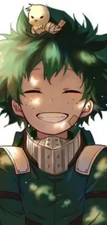 Smiling anime character with green hair and small bird on head.