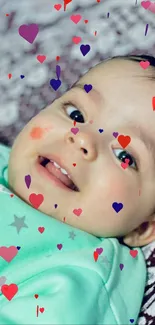 Smiling baby in mint green outfit on blanket.